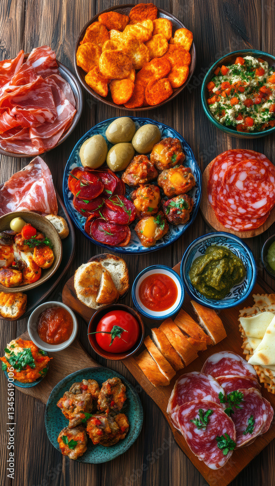 Fototapeta premium vibrant spread of assorted tapas featuring cured meats, olives, and various savory dishes, beautifully arranged on rustic wooden surfaces, inviting delightful culinary experience