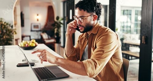Photos Finance, man and phone call with laptop in house for online consultation, statement account query or payment question