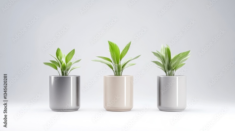 Three potted plants in various colored pots on a light background Three potted plants in various colored pots on a light background