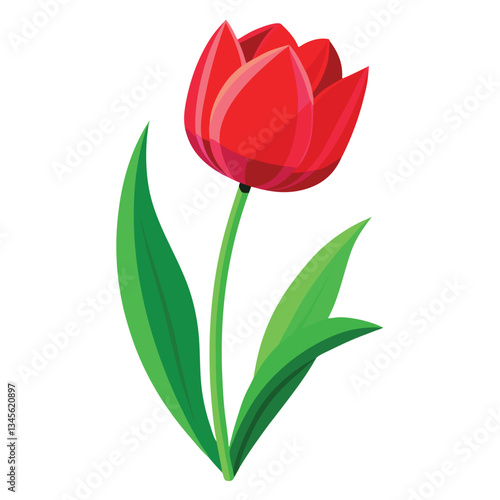 3D red Tulip Bud with Glossy, Textured Petals, and a Green Stem. The well-defined green sepals and stem add to the natural aesthetic, making it a perfect fit for floral designs
