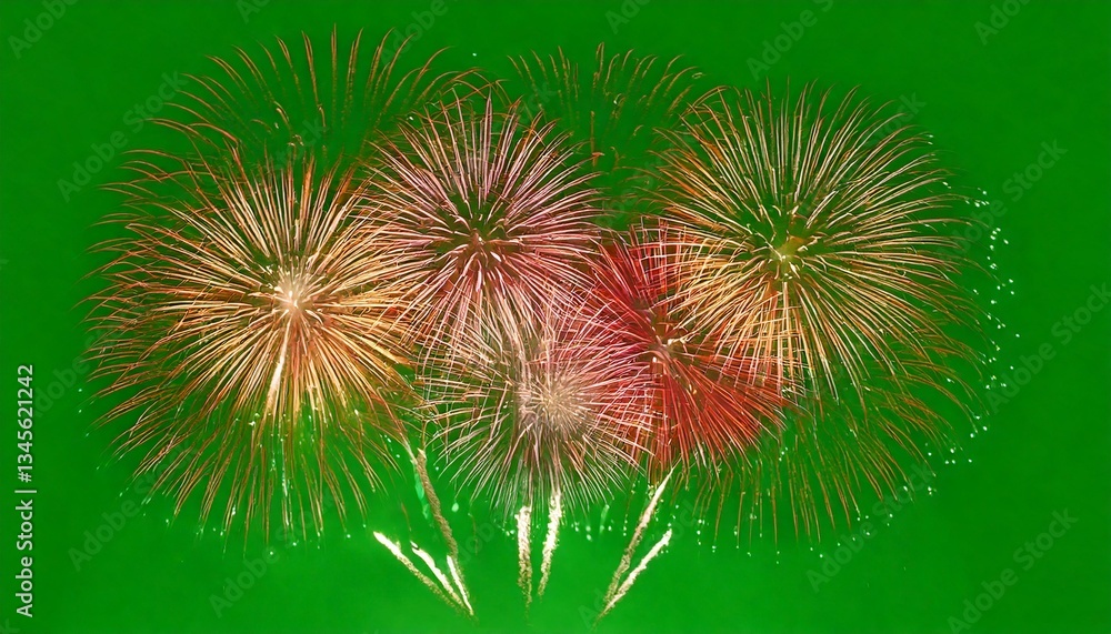 Fototapeta premium Glowing Fireworks Blast with Fiery Sparks Isolated on Green Screen 