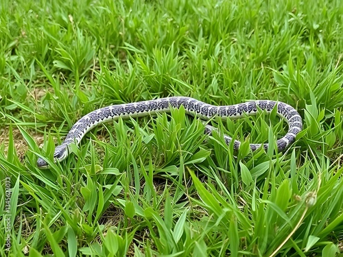 Eastern Racer Snake in Green Grass, Wildlife Nature Photography, Non-venomous Snake, Outdoor Scene, Reptile Portrait.