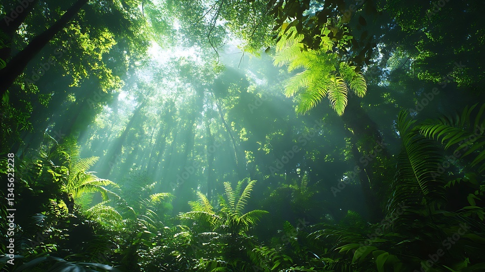 Obraz premium Sunbeams illuminate a dense with mystical rainforest Lush greenery vibrant foliage create a serene tranquil.