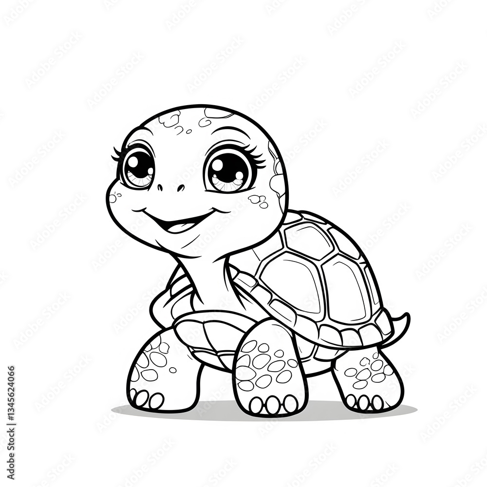 Fototapeta premium Enjoy the charm of this kawaii turtle coloring page, designed for a fun and relaxing coloring experience. This adorable turtle features big, sparkling eyes, a friendly smile, and a cute round shell