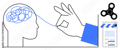 Hand untangling a chaotic brain thread symbolizing problem-solving, focus, control. Fidget spinner, app store elements represent innovation, tools. Ideal for mental health, clarity, creativity