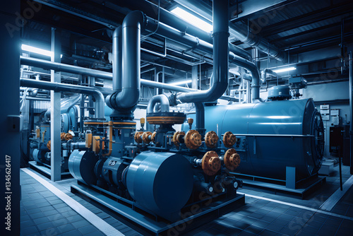 Detailed View of an Industrial Backup Battery Setup Amidst Heavy Machinery in a Power Plant
