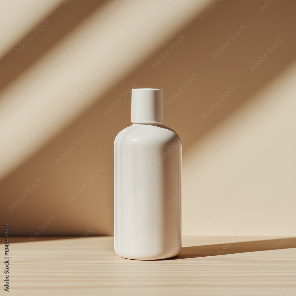 Minimalist Mockup of an Empty White Plastic Bottle with Flip Cap on Wooden Surface, Lit by Diagonal Natural Light, Perfect for Presenting Skincare, Haircare, or Cosmetic Packaging Designs Creatively Minimalist Mockup of an Empty White Plastic Bottle with Flip Cap on Wooden Surface, Lit by Diagonal Natural Light, Perfect for Presenting Skincare, Haircare, or Cosmetic Packaging Designs Creatively