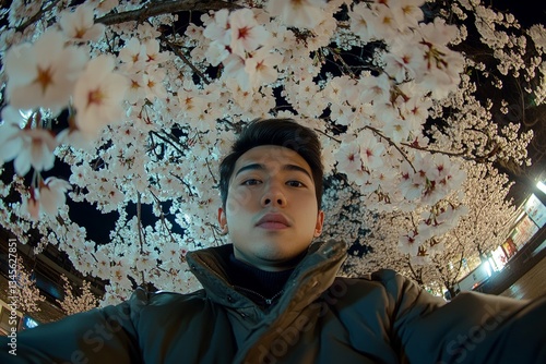 Dark night and warm mystic light - complementary lighting, spring mood conceptual art. Handsome asian young guy inhaling the fragrance of cherry blossoms. Stylish man with cherry blossoms.