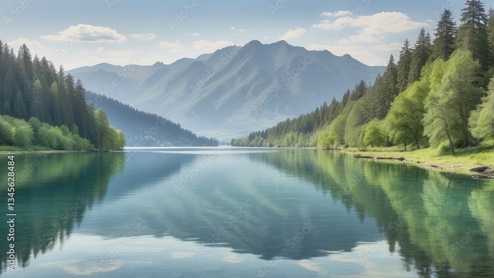A tranquil lake, mirroring the surrounding landscape. A tranquil lake, mirroring the surrounding landscape.
