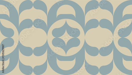 Stylish frieze pattern of simple geometric shapes, repeating print. Decorative border mosaic template of ceramic tile. Seamless overlap droplet figure ornament. Vector beige and blue wallpaper