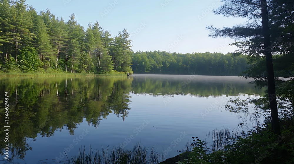 Obraz premium Misty lake reflecting trees at sunrise with Peaceful nature scene.