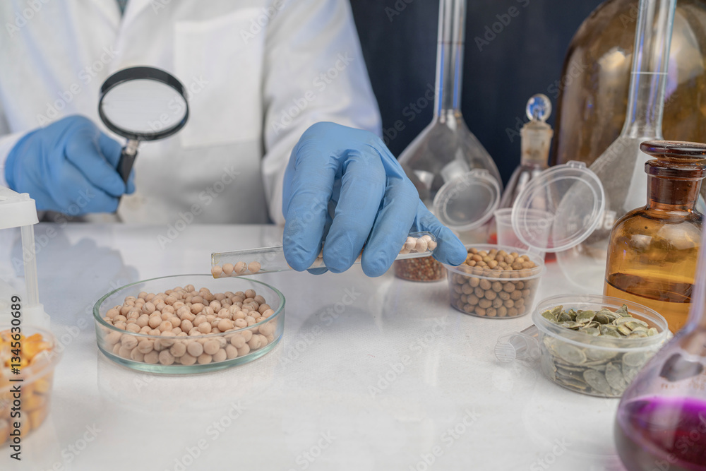 Lab assistant at work. Analysis of soybean seeds. Tests for GMO content, nitrates and seed germination. Lab assistant at work. Analysis of soybean seeds. Tests for GMO content, nitrates and seed germination.