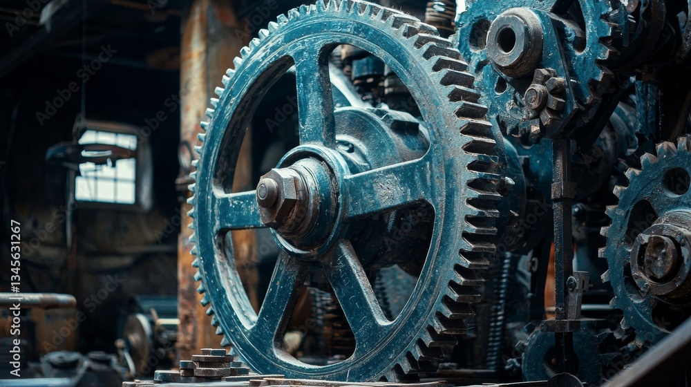 Old industrial machinery shows intricate gears in a workshop setting during daylight hours Old industrial machinery shows intricate gears in a workshop setting during daylight hours