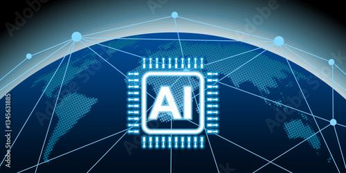 AI global network concept with a digital world map and circuit connections. Artificial intelligence and technology theme. Perfect for business, computing, and future innovation visuals.