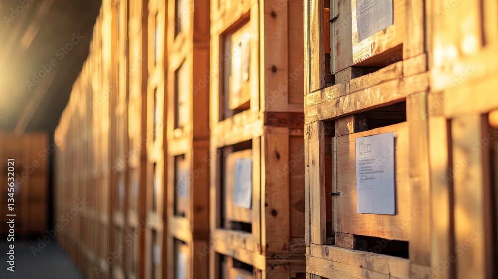 Golden Hour in the Warehouse: Rows of Wooden Crates Bathed in Sunlight Golden Hour in the Warehouse: Rows of Wooden Crates Bathed in Sunlight