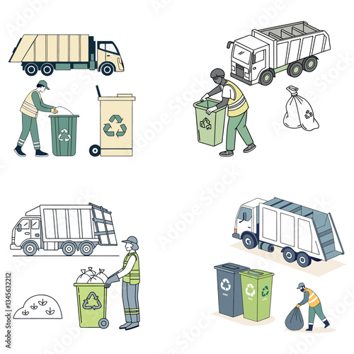 Trash utility, disposal and recycling concept set Vector illustration. Waste collector worker, recycling trash bin and garbage truck collection. 