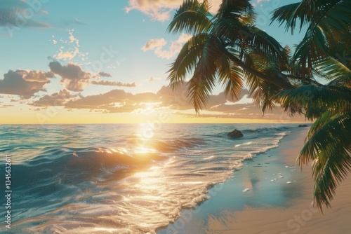 Fototapeta Naklejka Na Ścianę i Meble -  High Definition Image of Exotic Beach by the Ocean with Palm Trees at Sunset