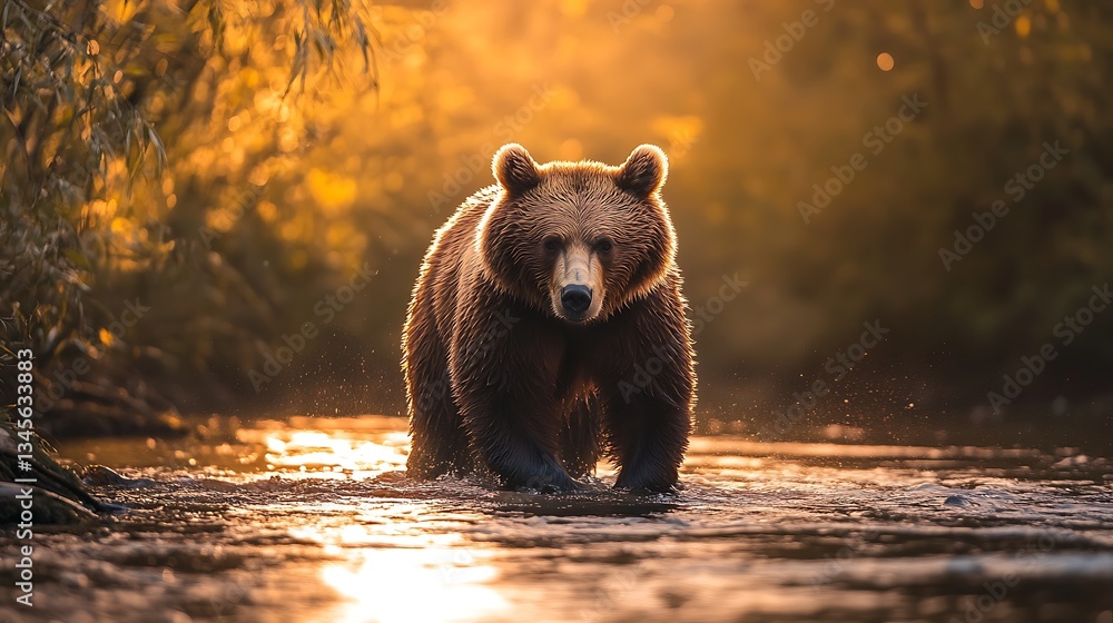 Obraz premium Brown bear walks through a shallow river at sunset with golden light creates a magical.