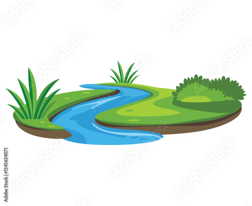 Flowing stream vector illustration. Depicts a natural water body moving between banks, ideal for nature, landscape, and environmental themes.