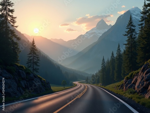Serene mountain landscape with winding road and majestic peaks