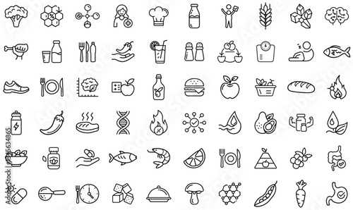 Healthy Nutrition and Diet Line Icons Set – Organic Food, Vitamins, Superfoods, Balanced Diet, Hydration, Fitness Nutrition, Meal Planning, Nutritional Supplements, Protein, Metabolism, and Wellness I