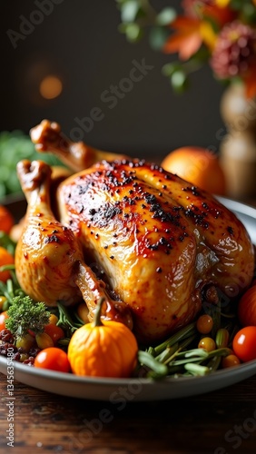 A roasted chicken is presented on a plate, garnished with vegetables and herbs