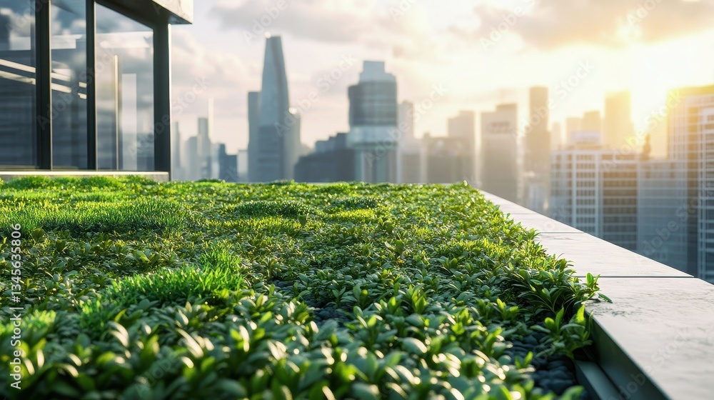 Fototapeta premium Urban Rooftop Garden with Lush Greenery and City Skyline View