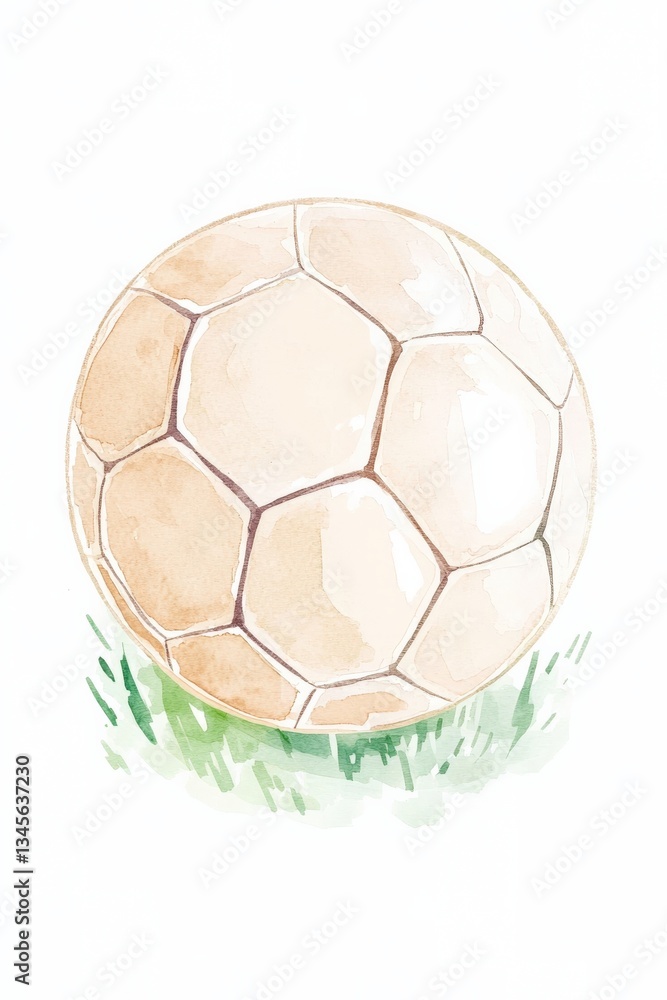 Fototapeta premium A charming watercolor illustration featuring a soccer ball resting on green grass, perfect for sports enthusiasts and art lovers alike.