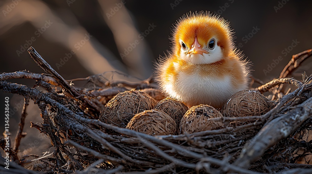 Fluffy Baby Bird in Nest with Eggs Fluffy Baby Bird in Nest with Eggs