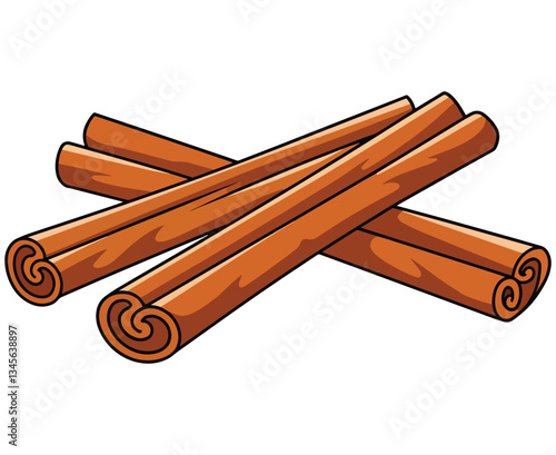 Three rolled cinnamon sticks in a detailed flat style. Aromatic spice used for cooking and baking. Vector illustration isolated on a white background.