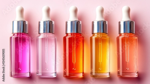 Five Colorful Essential Oil Dropper Bottles on Pink Background
