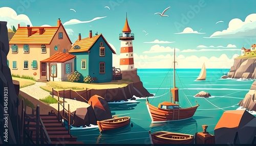 Wallpaper Mural Coastal village harbor scene with lighthouse and boats Torontodigital.ca