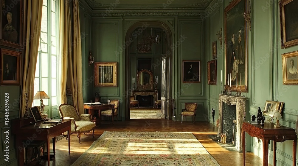 Fototapeta premium An elegant and spacious room with tall green walls, framed wall molding, and wooden floors.