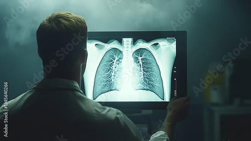 A doctor carefully analyzing a high-resolution CT scan of human lungs on a medical-grade monitor, with COVID-related abnormalities visible, soft hospital lighting casting a clinical ambiance,