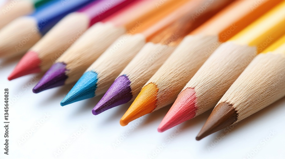 Colorful Pencils Arranged in a Row, Close-Up View Colorful Pencils Arranged in a Row, Close-Up View
