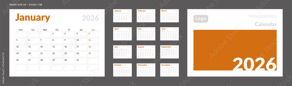 Obraz premium 2026 Calendar Planner Set of Template Monthly Page and cover with Place for Photo, Company Logo. Vector layout of a wall or desk calendar with week start Monday for print. Page for size A4 -21x29.7cm
