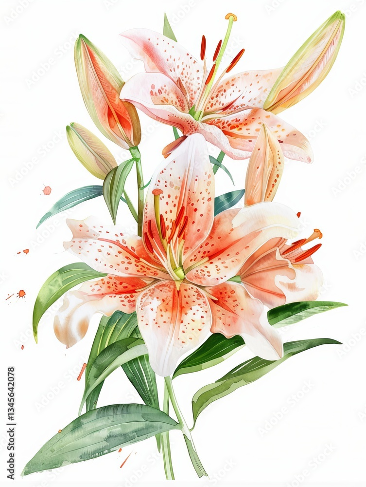 Fototapeta premium Watercolor Asiatic Lily Isolated on White Background. Beautiful Asiatic Lily Flower