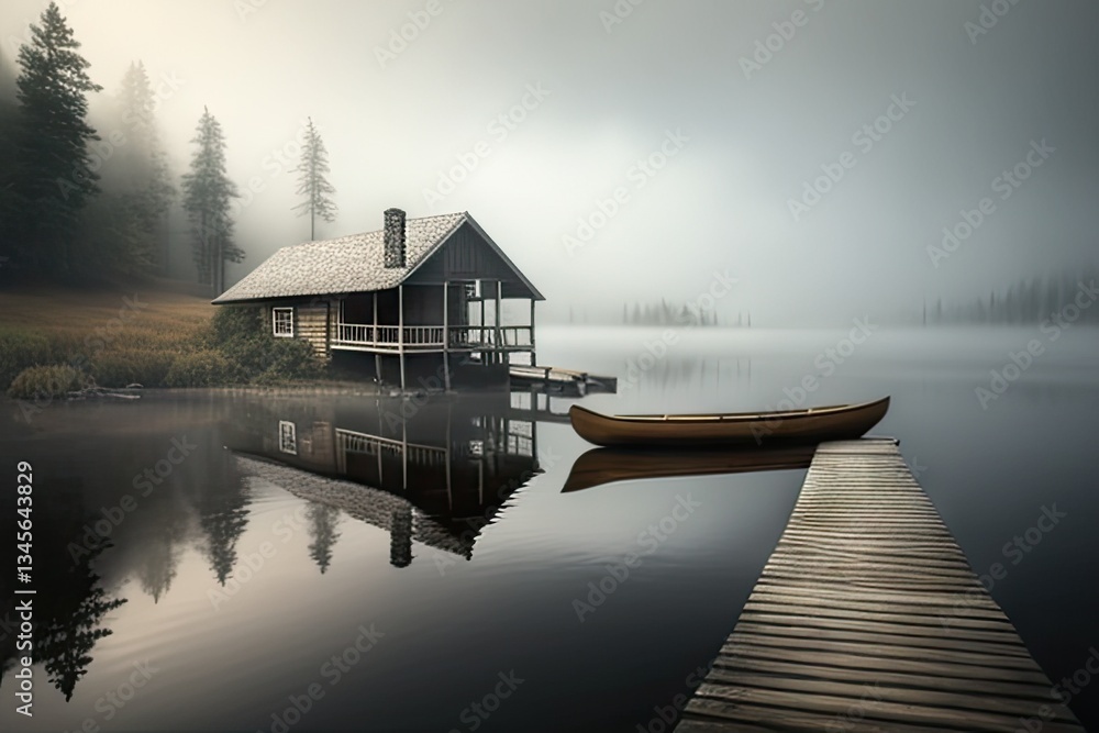Obraz premium Misty Lakeside Cabin with Canoe (1)