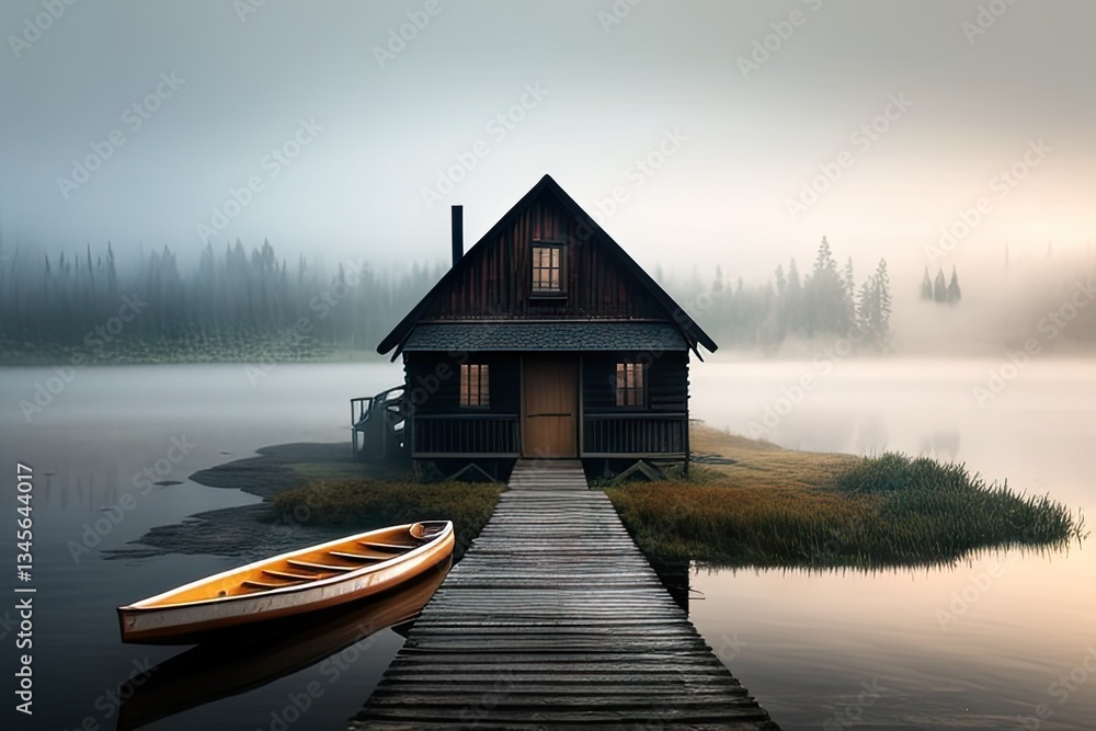 Obraz premium Misty Lake Cabin with Wooden Boat Dock
