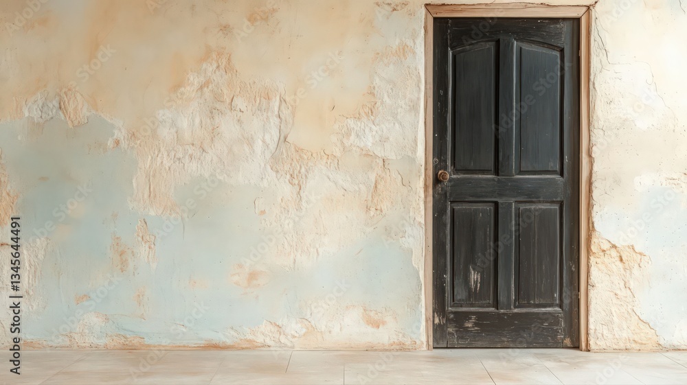 Fototapeta premium Dark Wood Door Against Weathered Wall