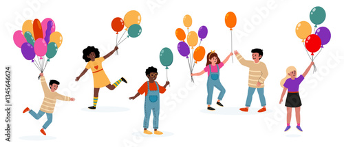 Children joyfully celebrating with colorful balloons during a festive gathering in a park