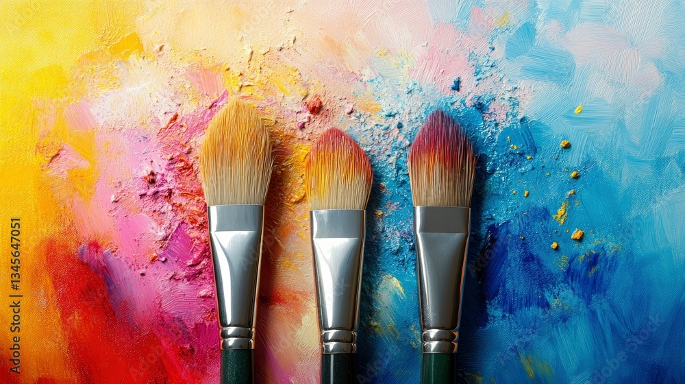 Obraz premium Three Paintbrushes on a Vibrant Abstract Canvas