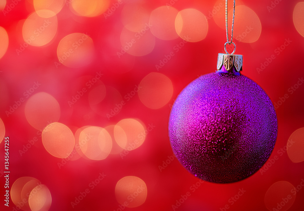 Fototapeta premium Close-Up of a Pink Christmas Ornament Hanging on a Festive Tree with Soft Bokeh Lights in the Red Background – High-Resolution Holiday Photography