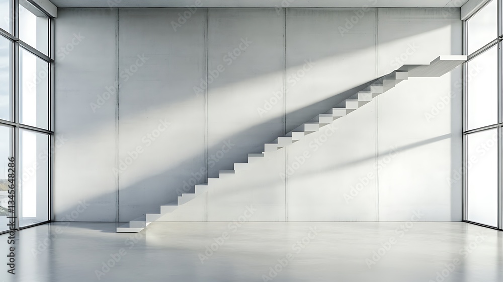 Fototapeta premium Modern Minimalist Staircase: 3D Render of a Sunlit Concrete Interior AI Generated