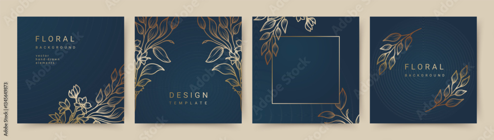 Fototapeta premium Elegant luxury blue background with hand drawn gold flower pattern. Floral frame. Vector templates for social media post, wedding invitation, greeting card, packaging, branding, design