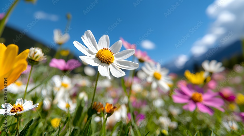 Wildflowers Blooming Under Clear Blue Sky in Vibrant Field Scene Wildflowers Blooming Under Clear Blue Sky in Vibrant Field Scene