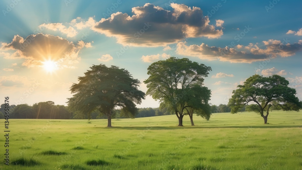 Fototapeta premium A panoramic view of a lush green field bordered by dense trees under a partly cloudy sky.