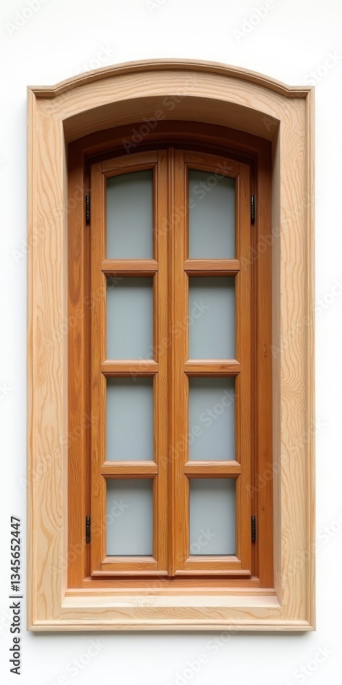 A wooden window with a curved top and six panes, set in a wooden frame A wooden window with a curved top and six panes, set in a wooden frame