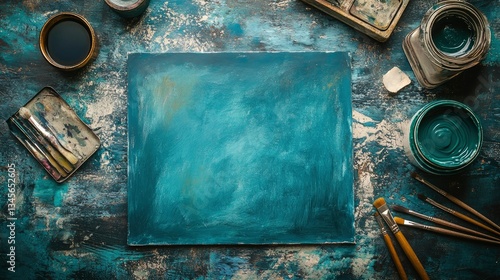 Artist's Workspace Teal Canvas, Brushes, and Paints on Rustic Wooden Table