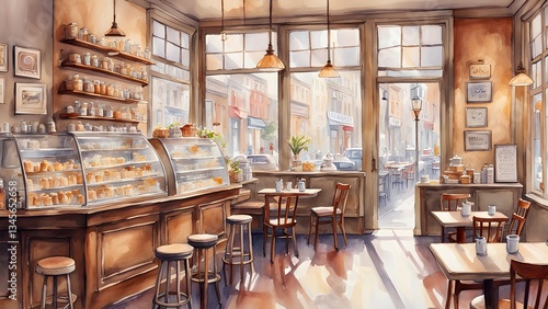 A watercolor painting depicts a cozy Parisian cafe interior filled sunlight, showcasing pastries, wooden tables, chairs, offering a tranquil atmosphere.